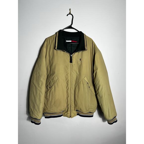 VTG 90s Tommy Hilfiger Reversible Bomber Jacket Tan Green L/XL Puffer Coat Y2K - Picture 1 of 16